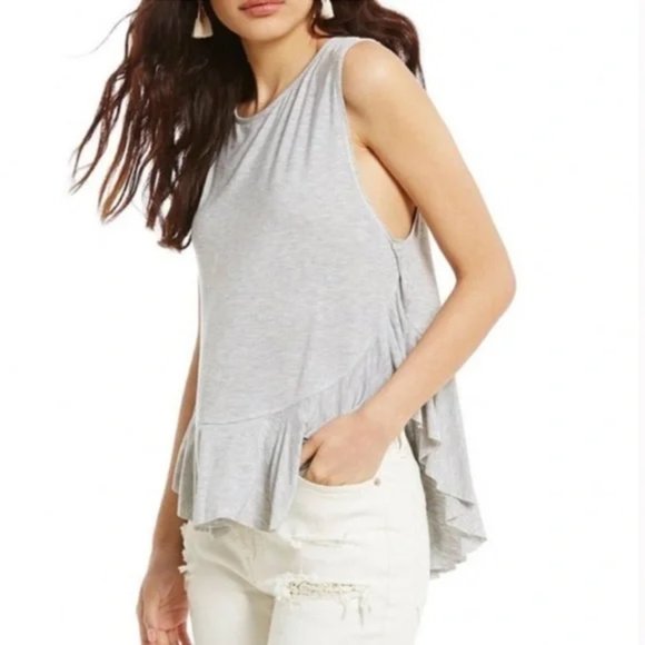 Free People We the Free Gray Heather Ruffle Uptown Sleeveless Tank Top - Picture 2 of 7